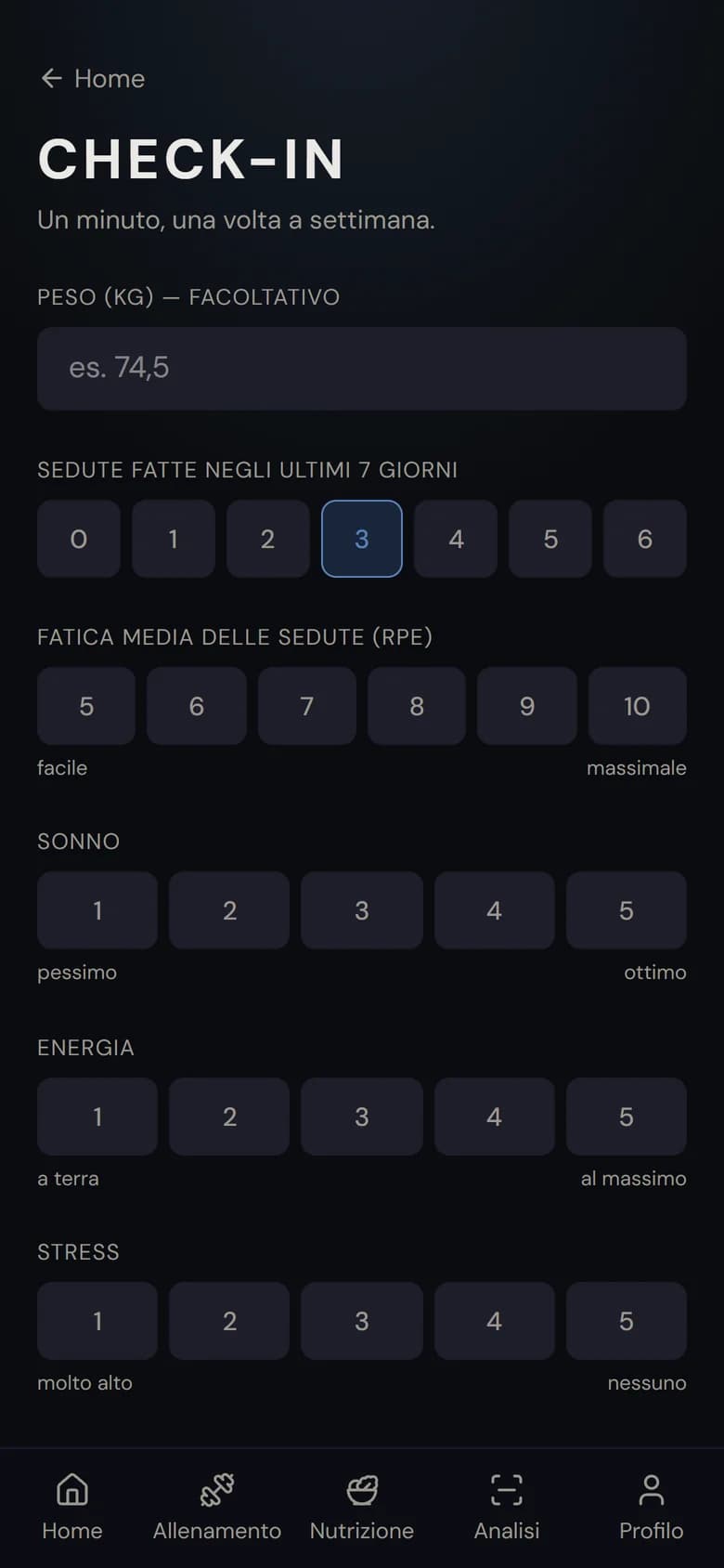 Il check-in settimanale: sedute, fatica, sonno, energia, stress